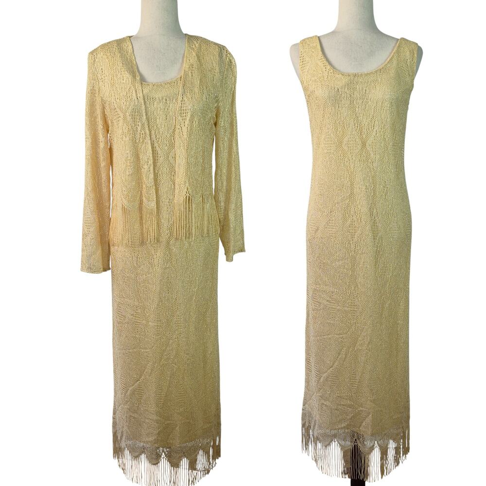 SiaSia New York USA Gold Metallic Lace Overlay Fringe Vintage Dress & Jacket S